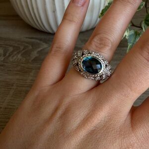 Judith Ripka Blue Topaz Sterling Silver White CZ 925 Vintage Ring